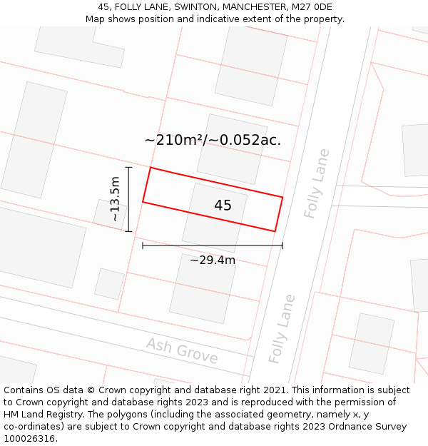 45, FOLLY LANE, SWINTON, MANCHESTER, M27 0DE: Plot and title map