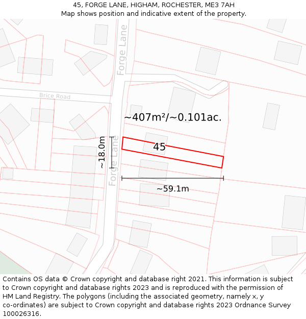 45, FORGE LANE, HIGHAM, ROCHESTER, ME3 7AH: Plot and title map