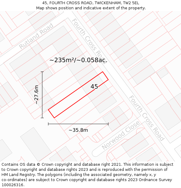 45, FOURTH CROSS ROAD, TWICKENHAM, TW2 5EL: Plot and title map