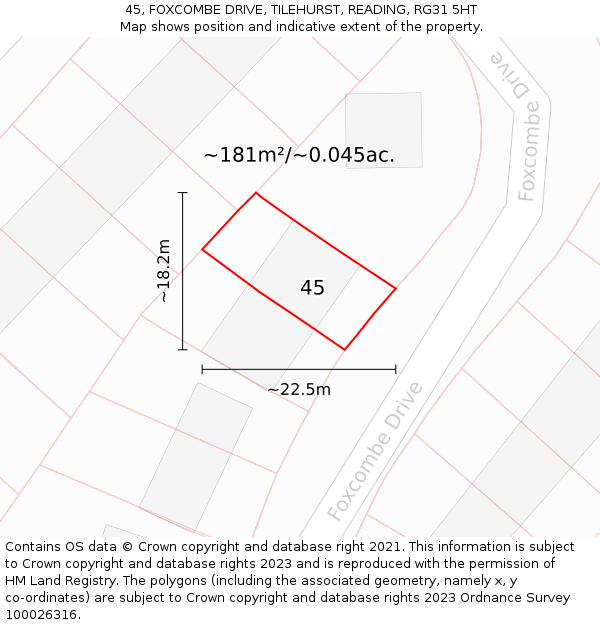 45, FOXCOMBE DRIVE, TILEHURST, READING, RG31 5HT: Plot and title map