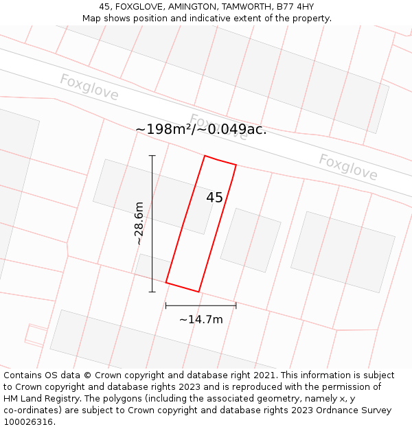 45, FOXGLOVE, AMINGTON, TAMWORTH, B77 4HY: Plot and title map