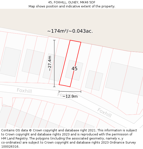 45, FOXHILL, OLNEY, MK46 5DF: Plot and title map