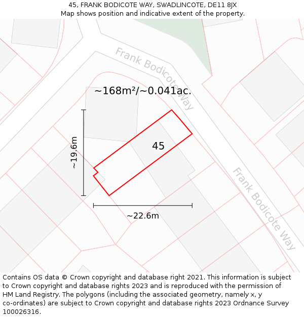 45, FRANK BODICOTE WAY, SWADLINCOTE, DE11 8JX: Plot and title map