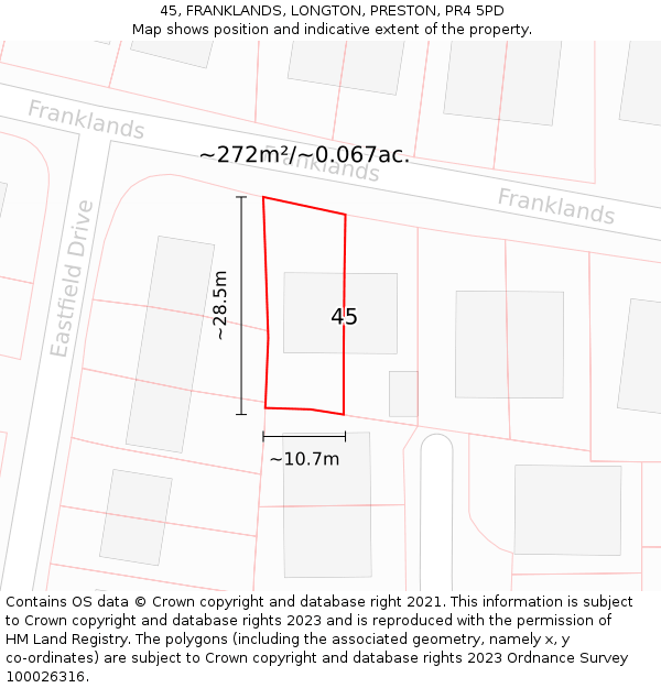 45, FRANKLANDS, LONGTON, PRESTON, PR4 5PD: Plot and title map