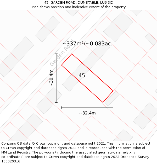 45, GARDEN ROAD, DUNSTABLE, LU6 3JD: Plot and title map