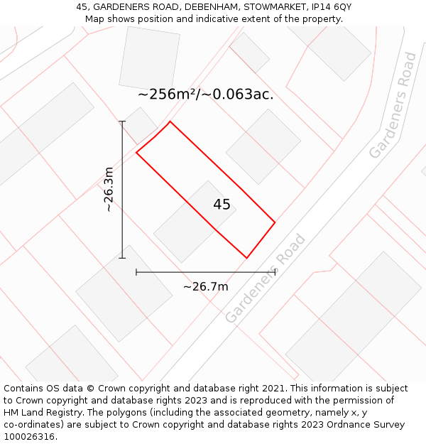 45, GARDENERS ROAD, DEBENHAM, STOWMARKET, IP14 6QY: Plot and title map