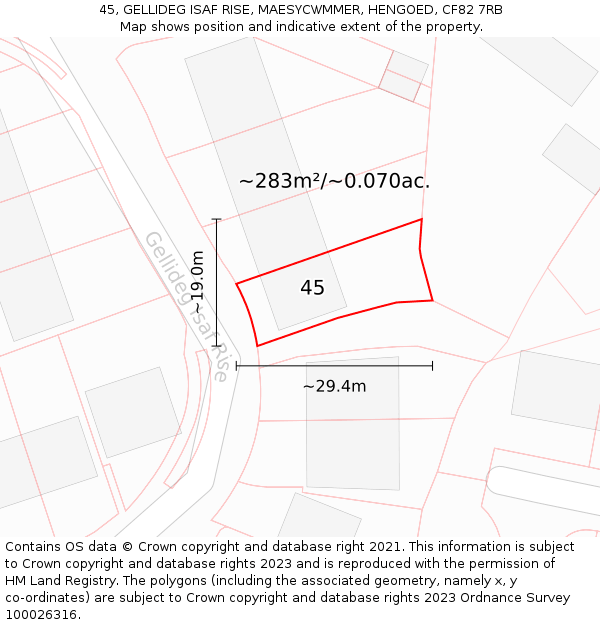 45, GELLIDEG ISAF RISE, MAESYCWMMER, HENGOED, CF82 7RB: Plot and title map