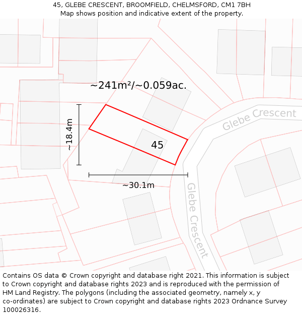 45, GLEBE CRESCENT, BROOMFIELD, CHELMSFORD, CM1 7BH: Plot and title map