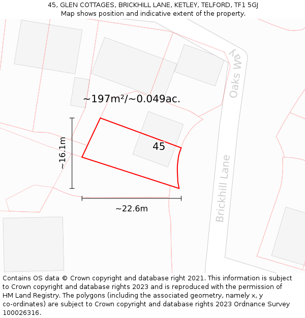 45, GLEN COTTAGES, BRICKHILL LANE, KETLEY, TELFORD, TF1 5GJ: Plot and title map