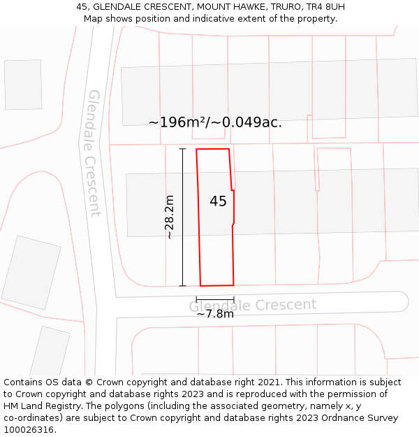 45, GLENDALE CRESCENT, MOUNT HAWKE, TRURO, TR4 8UH: Plot and title map