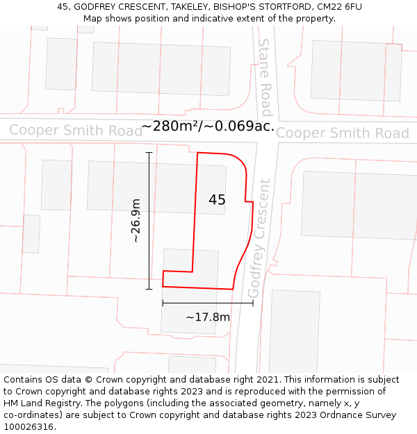 45, GODFREY CRESCENT, TAKELEY, BISHOP'S STORTFORD, CM22 6FU: Plot and title map