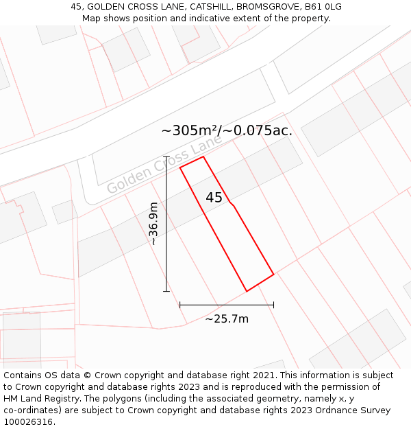 45, GOLDEN CROSS LANE, CATSHILL, BROMSGROVE, B61 0LG: Plot and title map