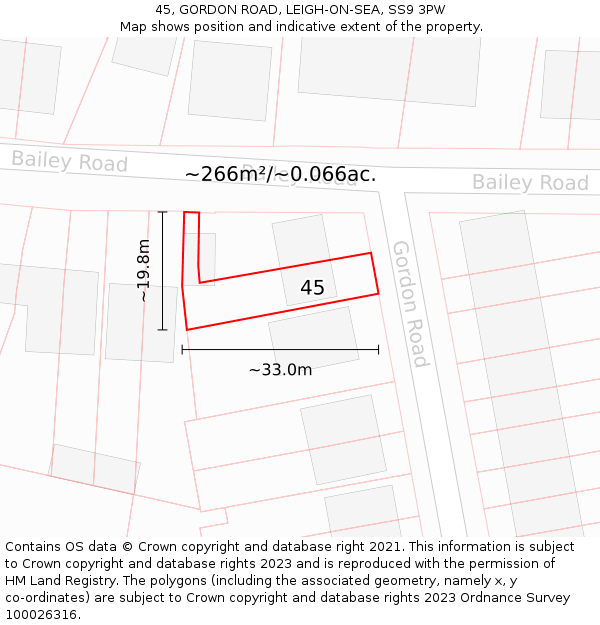 45, GORDON ROAD, LEIGH-ON-SEA, SS9 3PW: Plot and title map