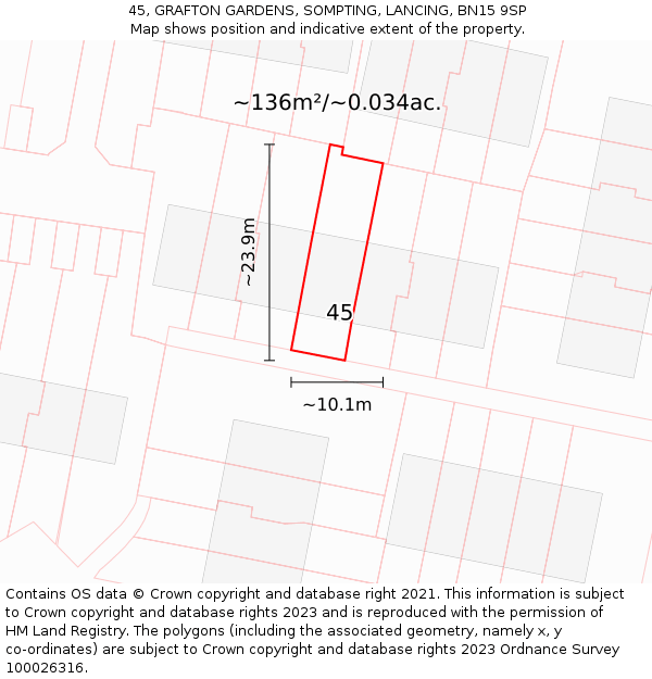 45, GRAFTON GARDENS, SOMPTING, LANCING, BN15 9SP: Plot and title map