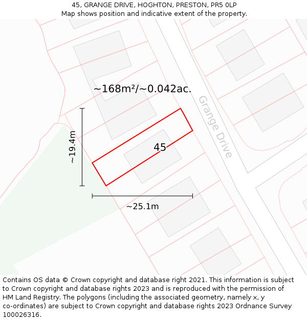 45, GRANGE DRIVE, HOGHTON, PRESTON, PR5 0LP: Plot and title map