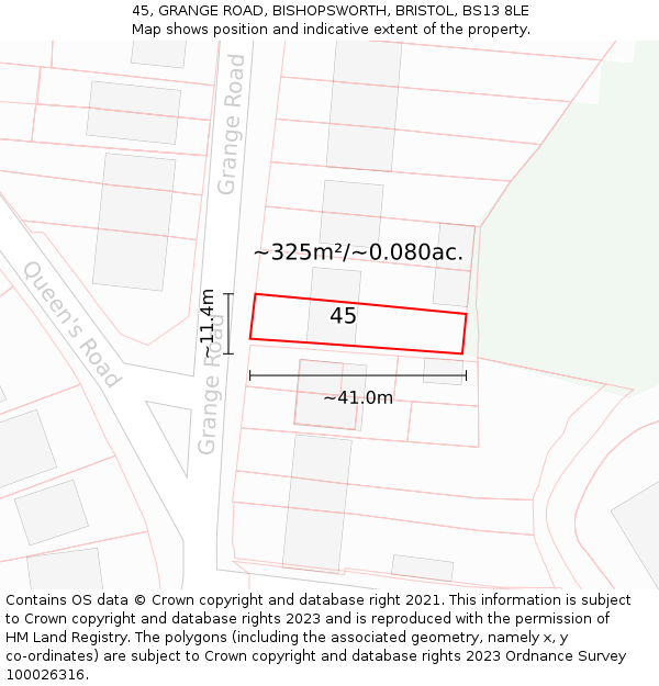 45, GRANGE ROAD, BISHOPSWORTH, BRISTOL, BS13 8LE: Plot and title map