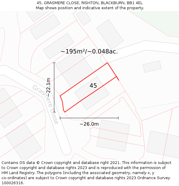 45, GRASMERE CLOSE, RISHTON, BLACKBURN, BB1 4EL: Plot and title map