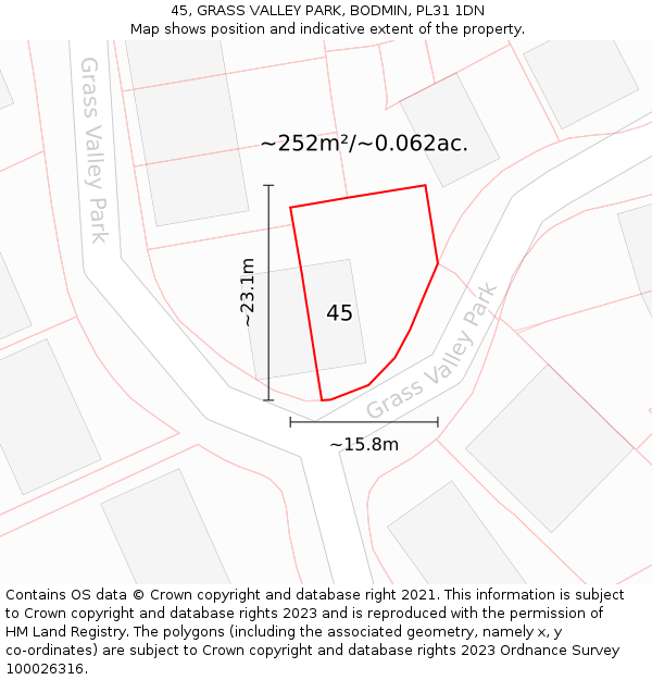 45, GRASS VALLEY PARK, BODMIN, PL31 1DN: Plot and title map