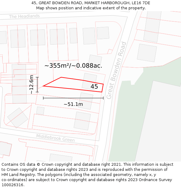 45, GREAT BOWDEN ROAD, MARKET HARBOROUGH, LE16 7DE: Plot and title map