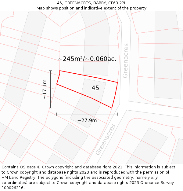 45, GREENACRES, BARRY, CF63 2PL: Plot and title map