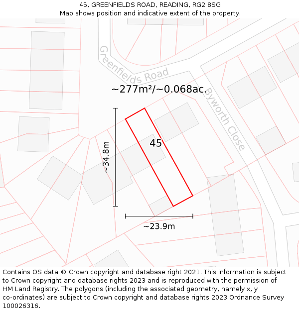 45, GREENFIELDS ROAD, READING, RG2 8SG: Plot and title map