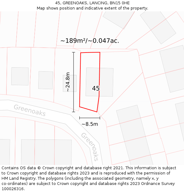 45, GREENOAKS, LANCING, BN15 0HE: Plot and title map