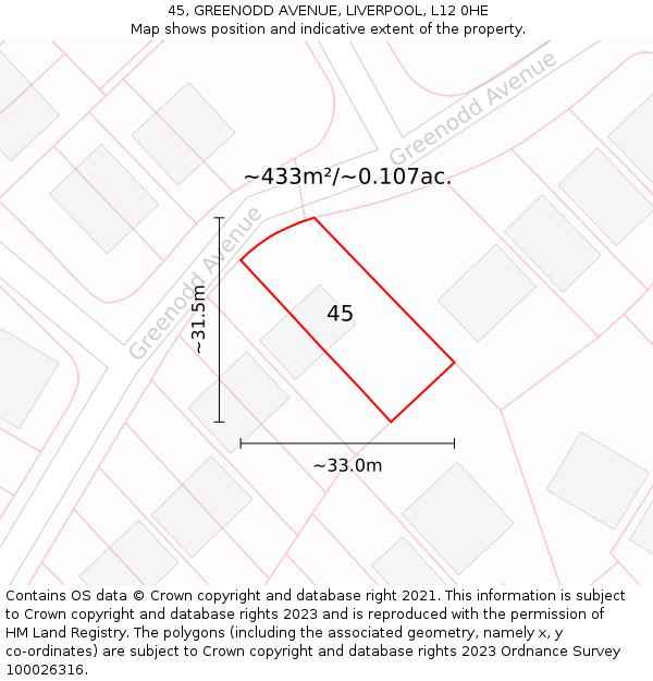45, GREENODD AVENUE, LIVERPOOL, L12 0HE: Plot and title map