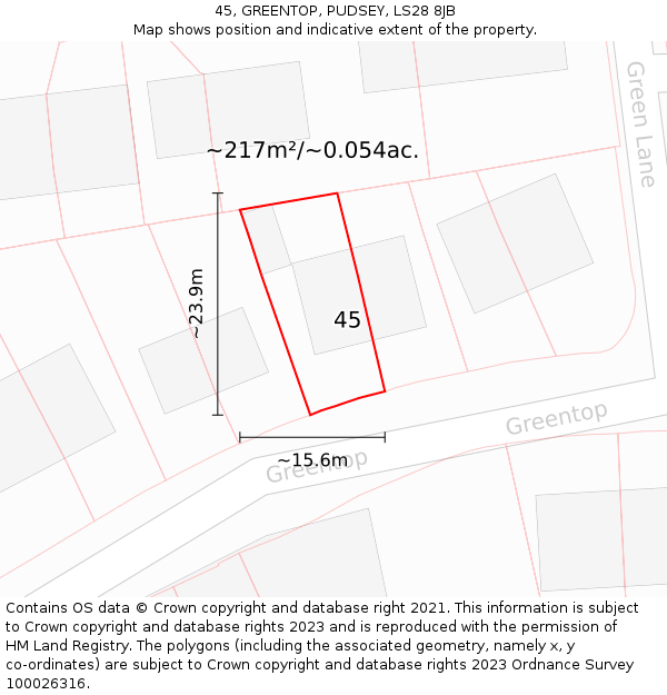 45, GREENTOP, PUDSEY, LS28 8JB: Plot and title map