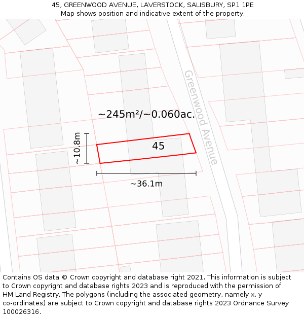 45, GREENWOOD AVENUE, LAVERSTOCK, SALISBURY, SP1 1PE: Plot and title map