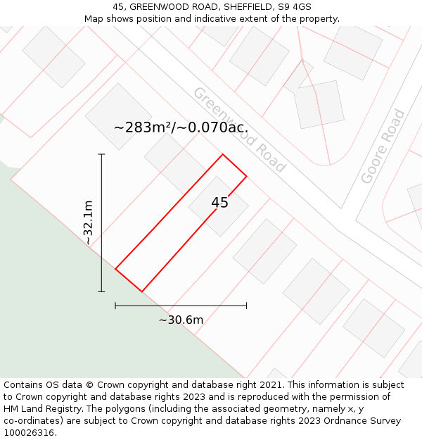 45, GREENWOOD ROAD, SHEFFIELD, S9 4GS: Plot and title map