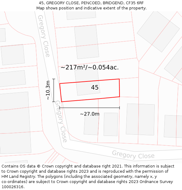 45, GREGORY CLOSE, PENCOED, BRIDGEND, CF35 6RF: Plot and title map