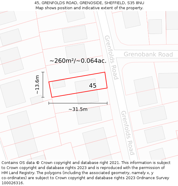 45, GRENFOLDS ROAD, GRENOSIDE, SHEFFIELD, S35 8NU: Plot and title map