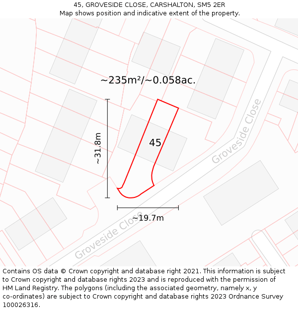 45, GROVESIDE CLOSE, CARSHALTON, SM5 2ER: Plot and title map