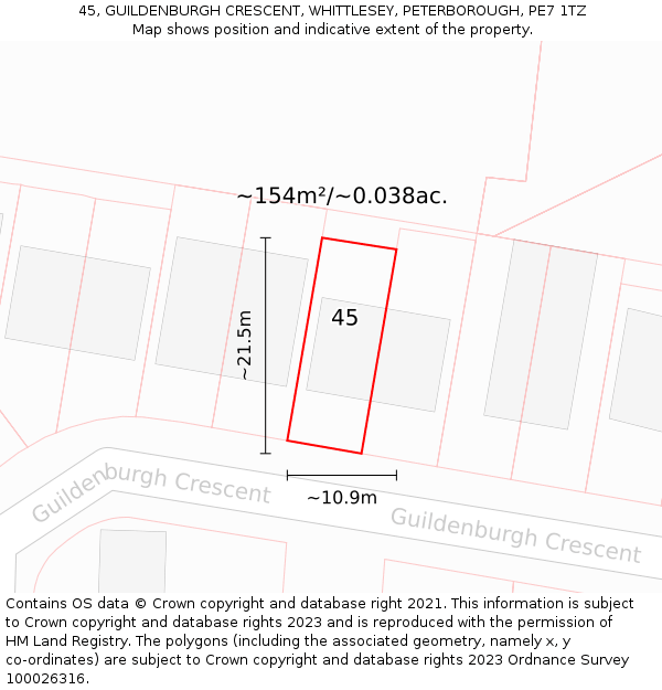 45, GUILDENBURGH CRESCENT, WHITTLESEY, PETERBOROUGH, PE7 1TZ: Plot and title map