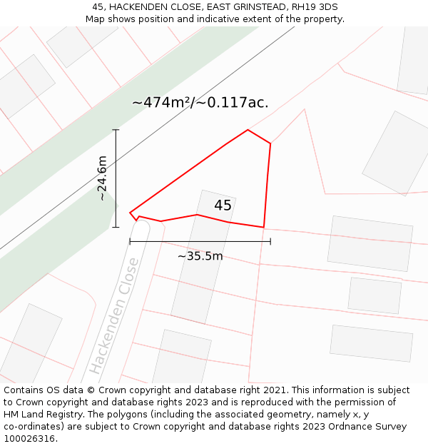 45, HACKENDEN CLOSE, EAST GRINSTEAD, RH19 3DS: Plot and title map