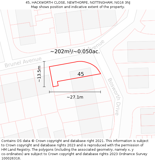 45, HACKWORTH CLOSE, NEWTHORPE, NOTTINGHAM, NG16 3NJ: Plot and title map