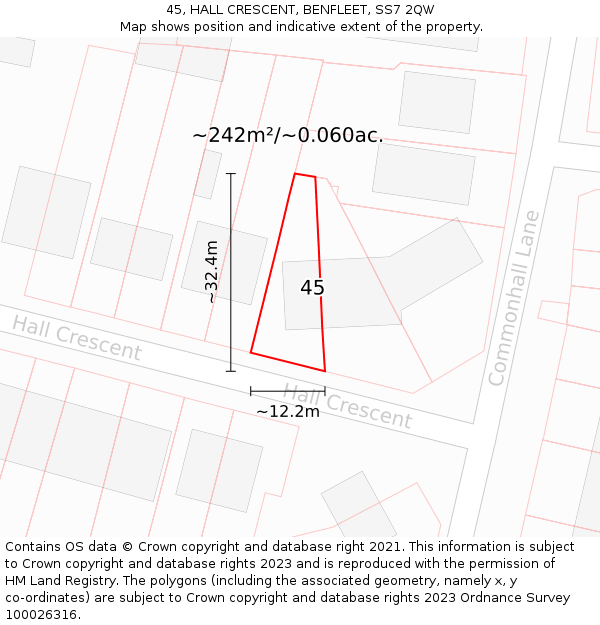 45, HALL CRESCENT, BENFLEET, SS7 2QW: Plot and title map