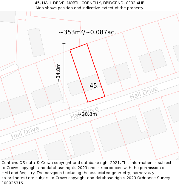 45, HALL DRIVE, NORTH CORNELLY, BRIDGEND, CF33 4HR: Plot and title map