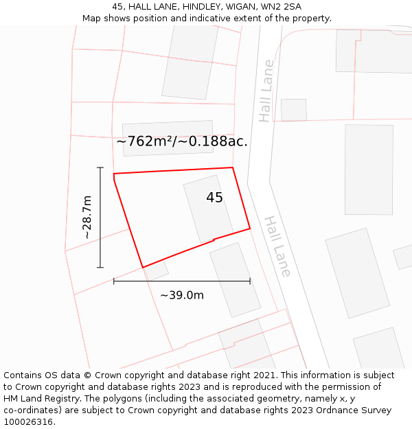 45, HALL LANE, HINDLEY, WIGAN, WN2 2SA: Plot and title map