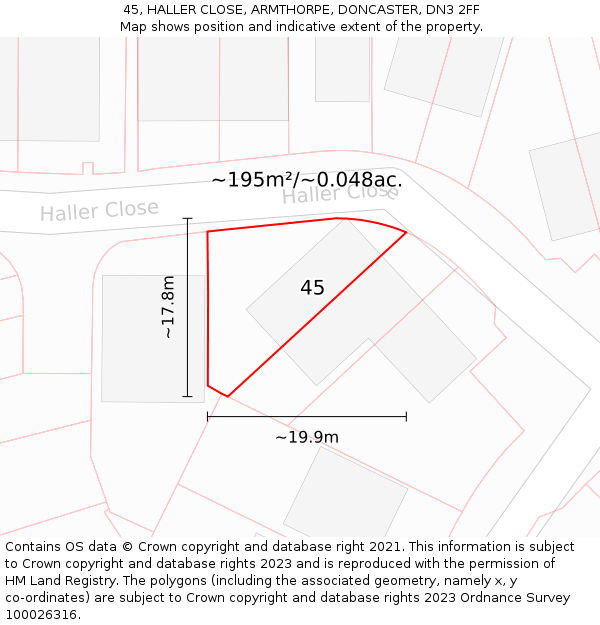 45, HALLER CLOSE, ARMTHORPE, DONCASTER, DN3 2FF: Plot and title map
