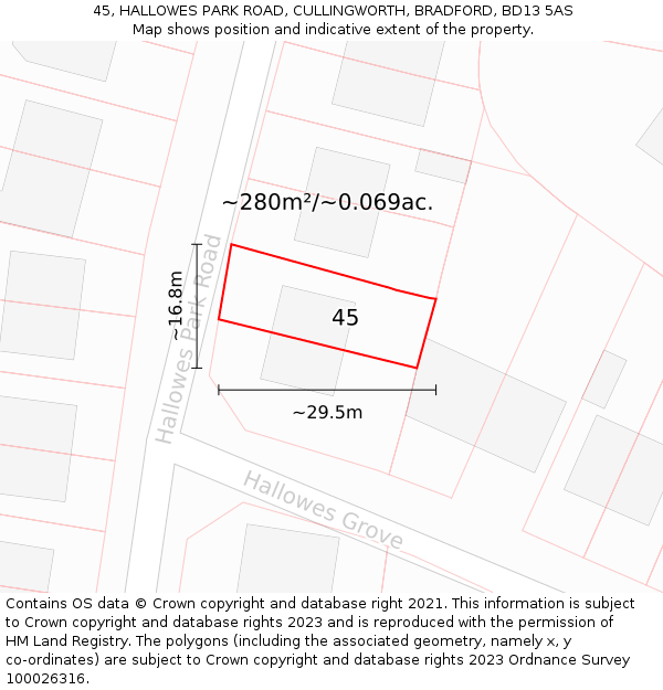 45, HALLOWES PARK ROAD, CULLINGWORTH, BRADFORD, BD13 5AS: Plot and title map