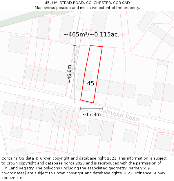 45, HALSTEAD ROAD, COLCHESTER, CO3 9AD: Plot and title map