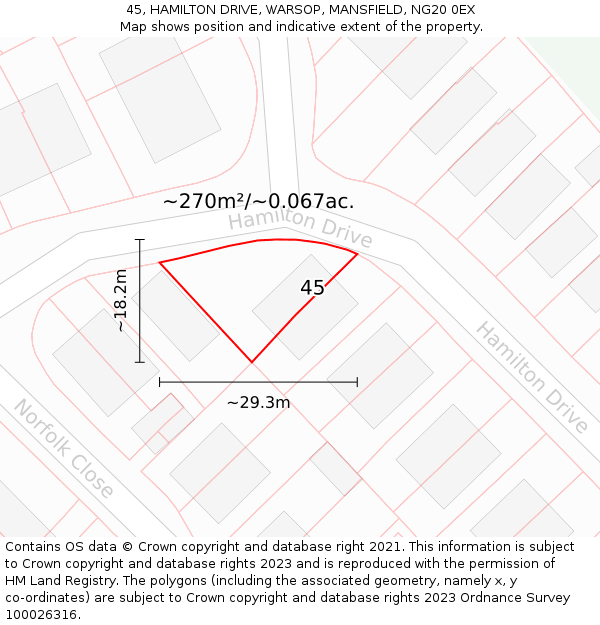 45, HAMILTON DRIVE, WARSOP, MANSFIELD, NG20 0EX: Plot and title map