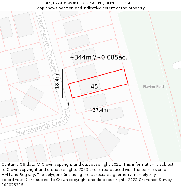 45, HANDSWORTH CRESCENT, RHYL, LL18 4HP: Plot and title map