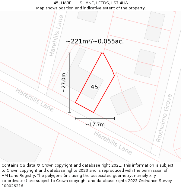 45, HAREHILLS LANE, LEEDS, LS7 4HA: Plot and title map