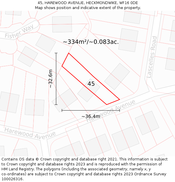 45, HAREWOOD AVENUE, HECKMONDWIKE, WF16 0DE: Plot and title map