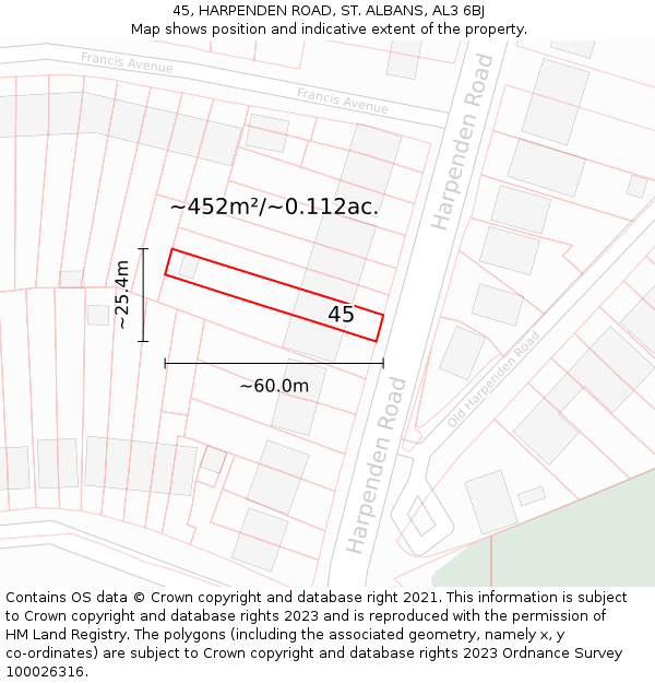 45, HARPENDEN ROAD, ST. ALBANS, AL3 6BJ: Plot and title map