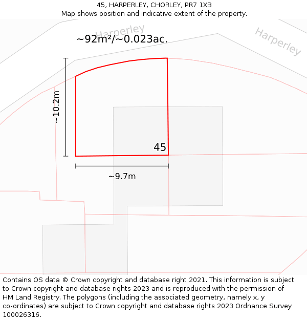 45, HARPERLEY, CHORLEY, PR7 1XB: Plot and title map