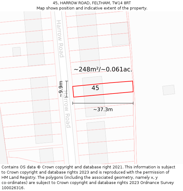 45, HARROW ROAD, FELTHAM, TW14 8RT: Plot and title map