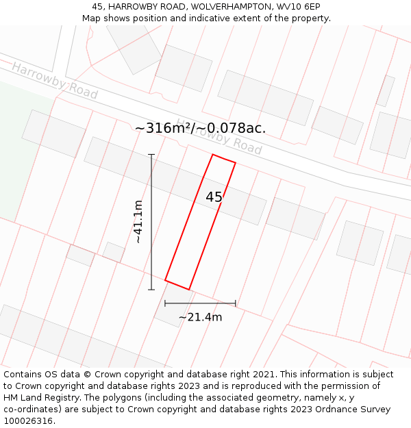 45, HARROWBY ROAD, WOLVERHAMPTON, WV10 6EP: Plot and title map